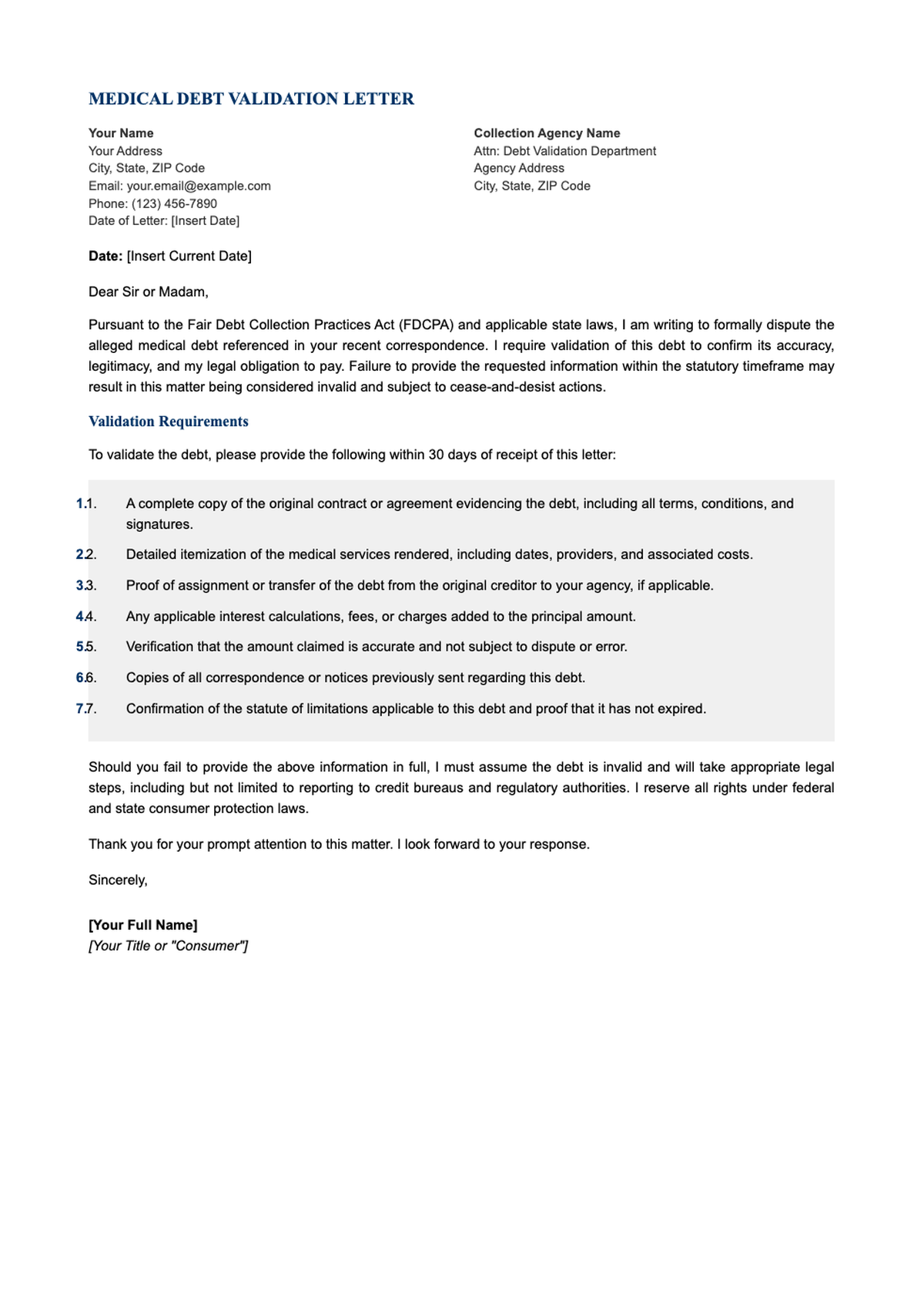 Medical debt validation letter template with placeholder fields and legal request details_variant_3